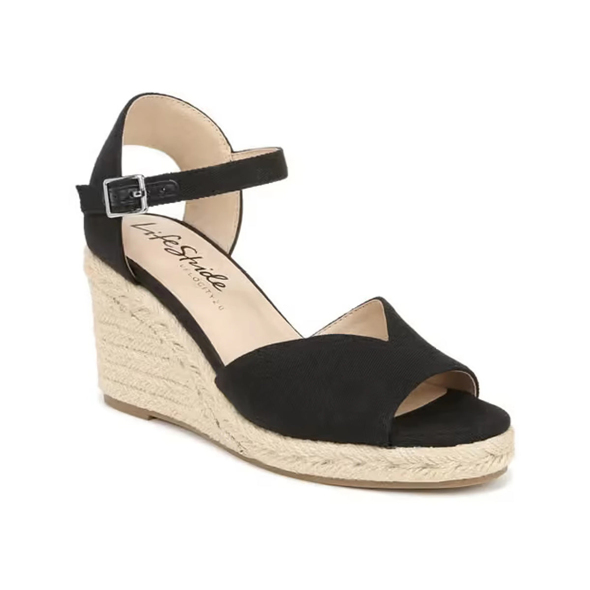Sandalias de cuña LifeStride Tess Black Canvas para mujer - perspectiva